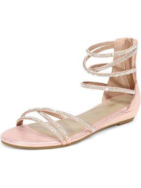 Women's Champagne Rhinestones Gladiator Sandals Ankle Strap Comfortable Zip Flat